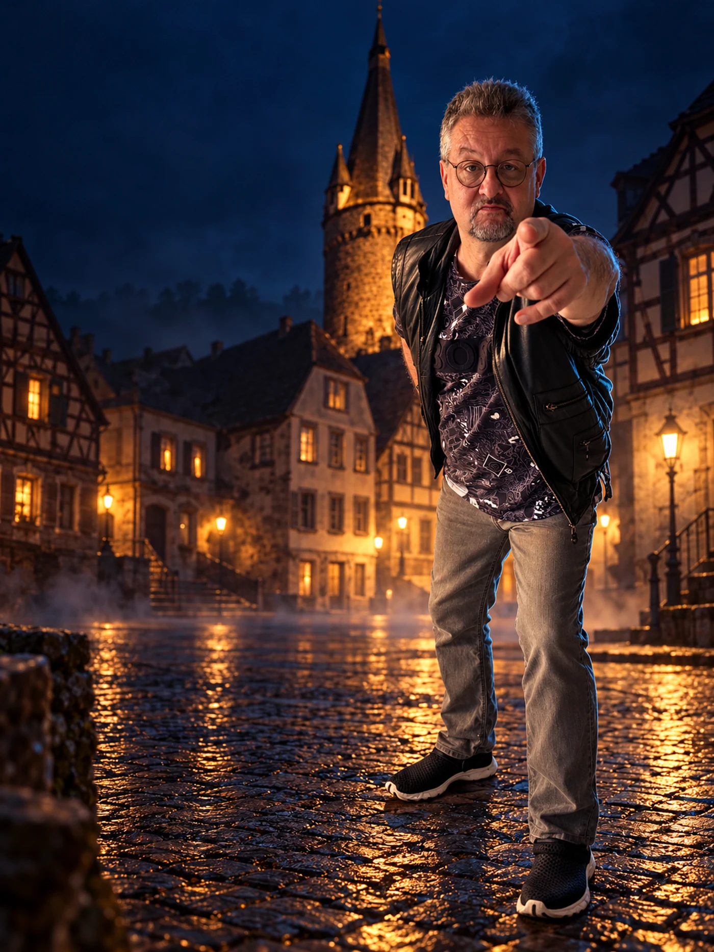 Mike Stilz zeigt vor der nächtlichen Ottweiler Altstadt direkt in die Kamera
