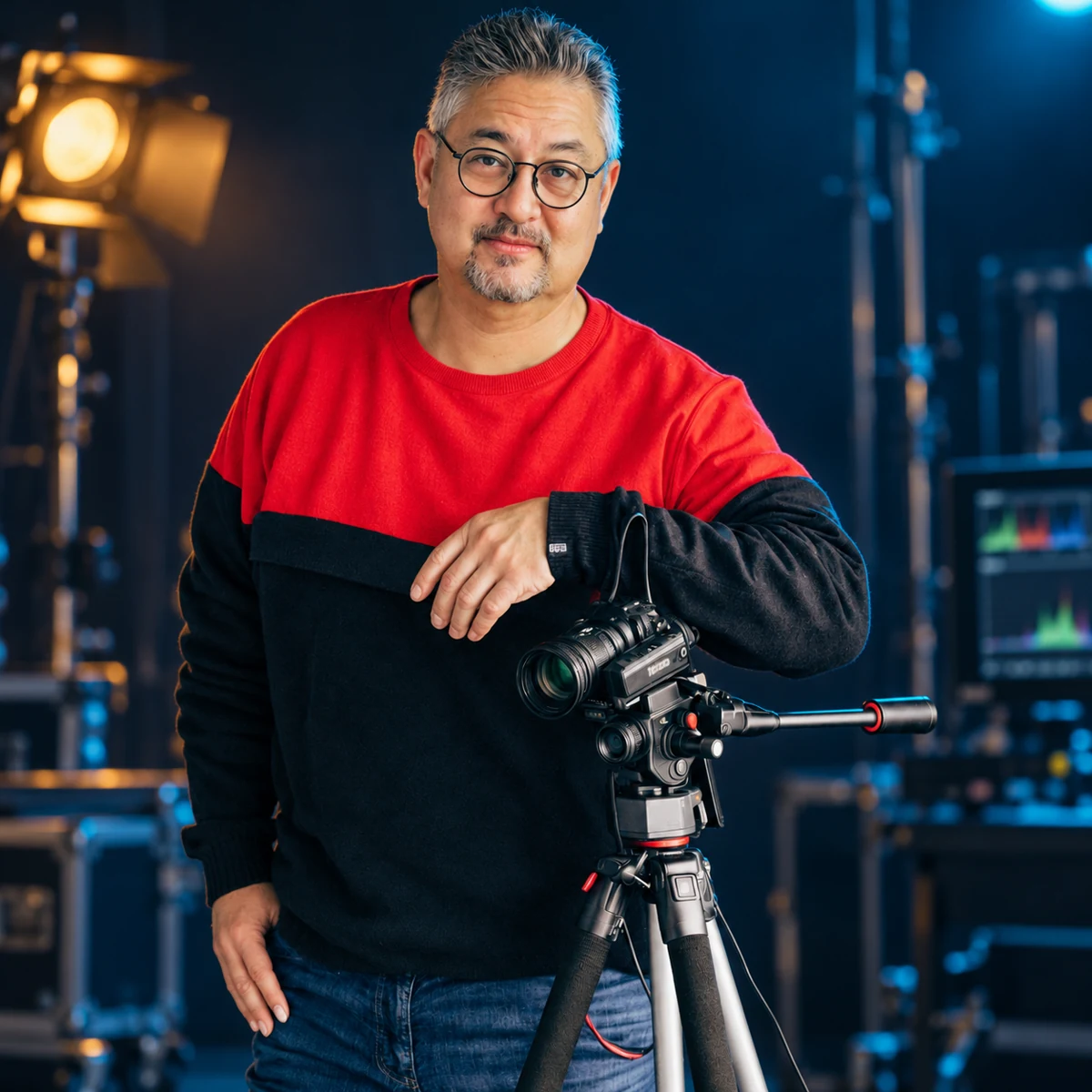 Mike Stilz mit einer professionellen Videokamera in seinem Studio